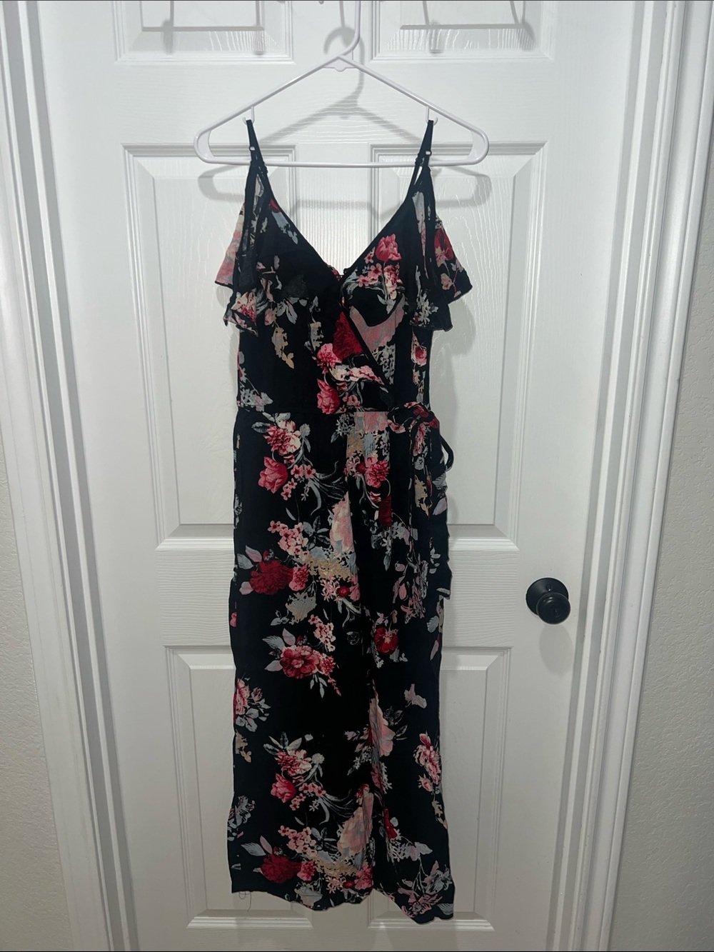 Floral Black Wrap Maxi Dress with Ruffle Straps
